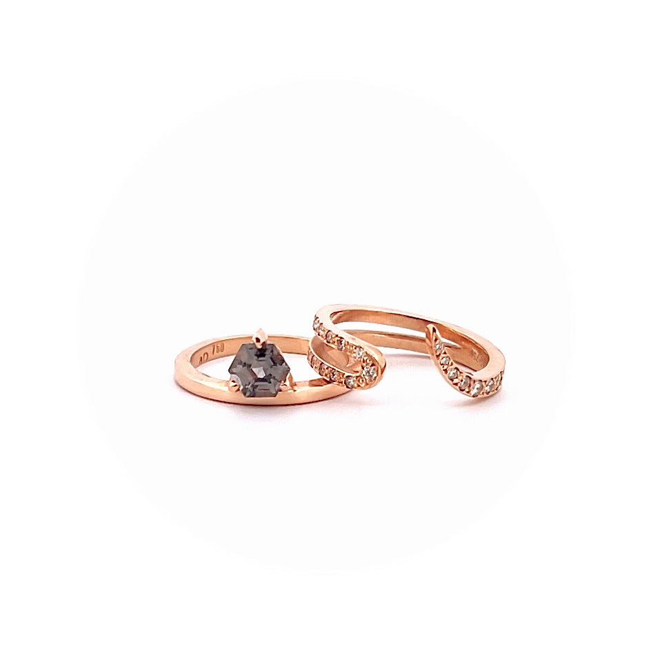 Rose Gold Grey Spinel Diamond Engagement Ring Set