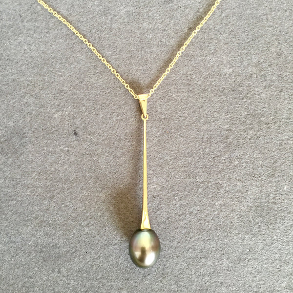 Yellow Gold long Drop Tahitian Pearl Pendant only