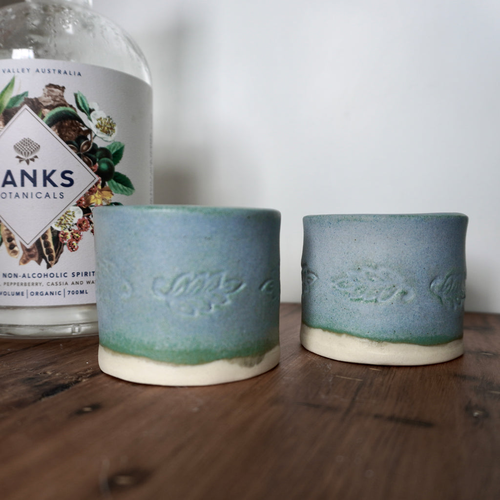 set of Small Blue Green Ceramic tumblers