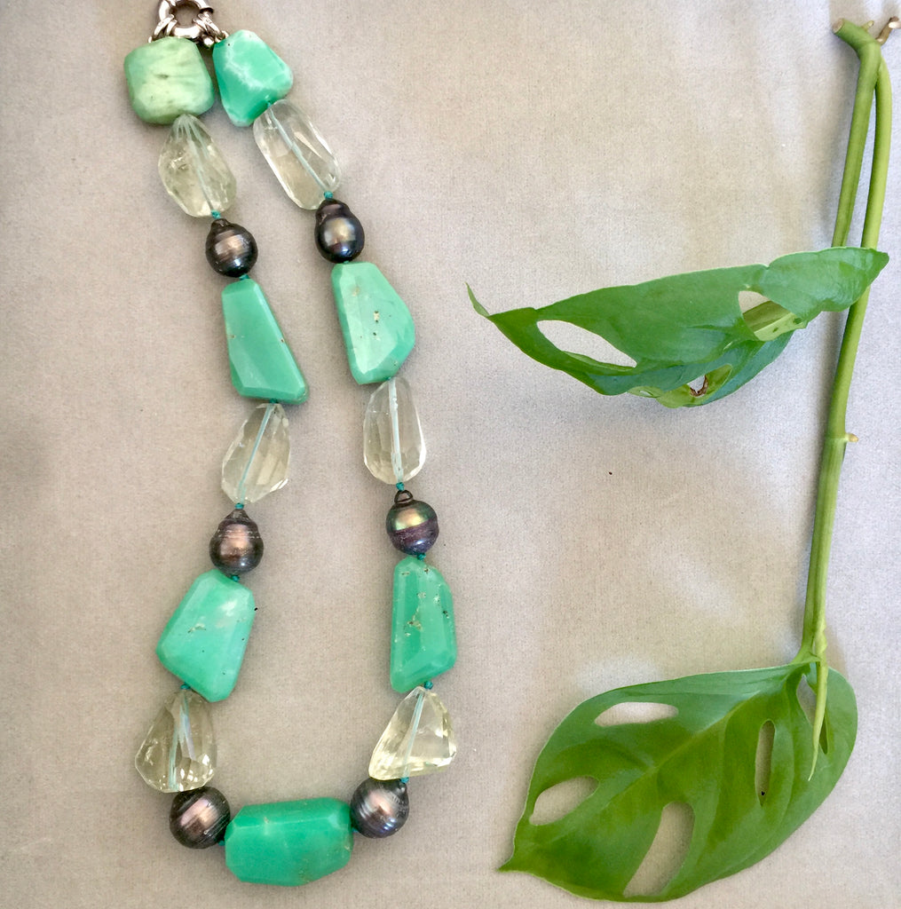 Chrysoprase, Prasiolite, and Tahitian Pearl bead Necklace