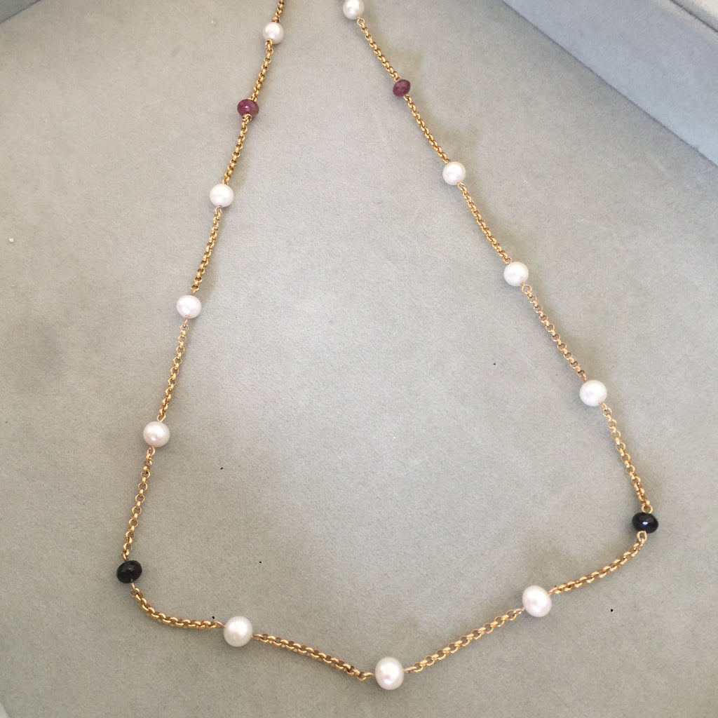Yellow gold pearl and Tourmaline Necklace