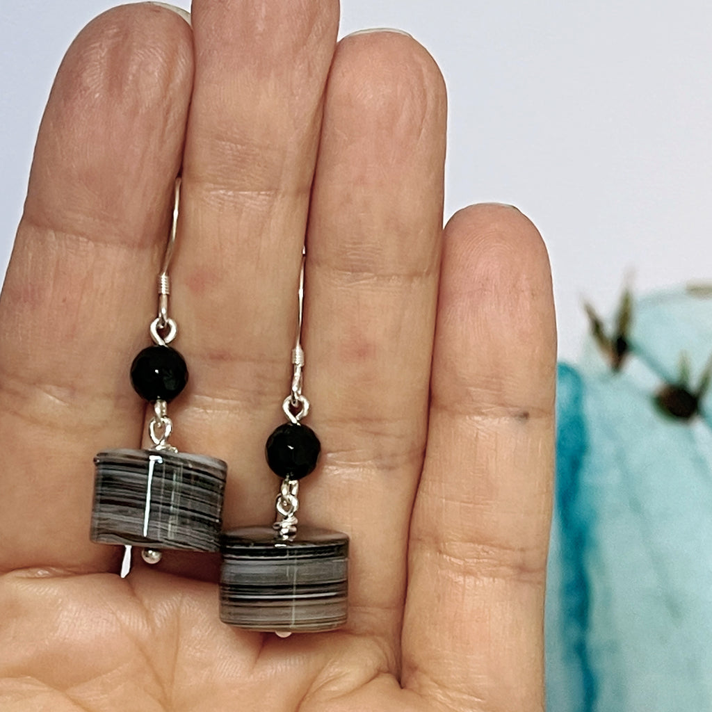 Silver Onyx and banded Agate Earrings