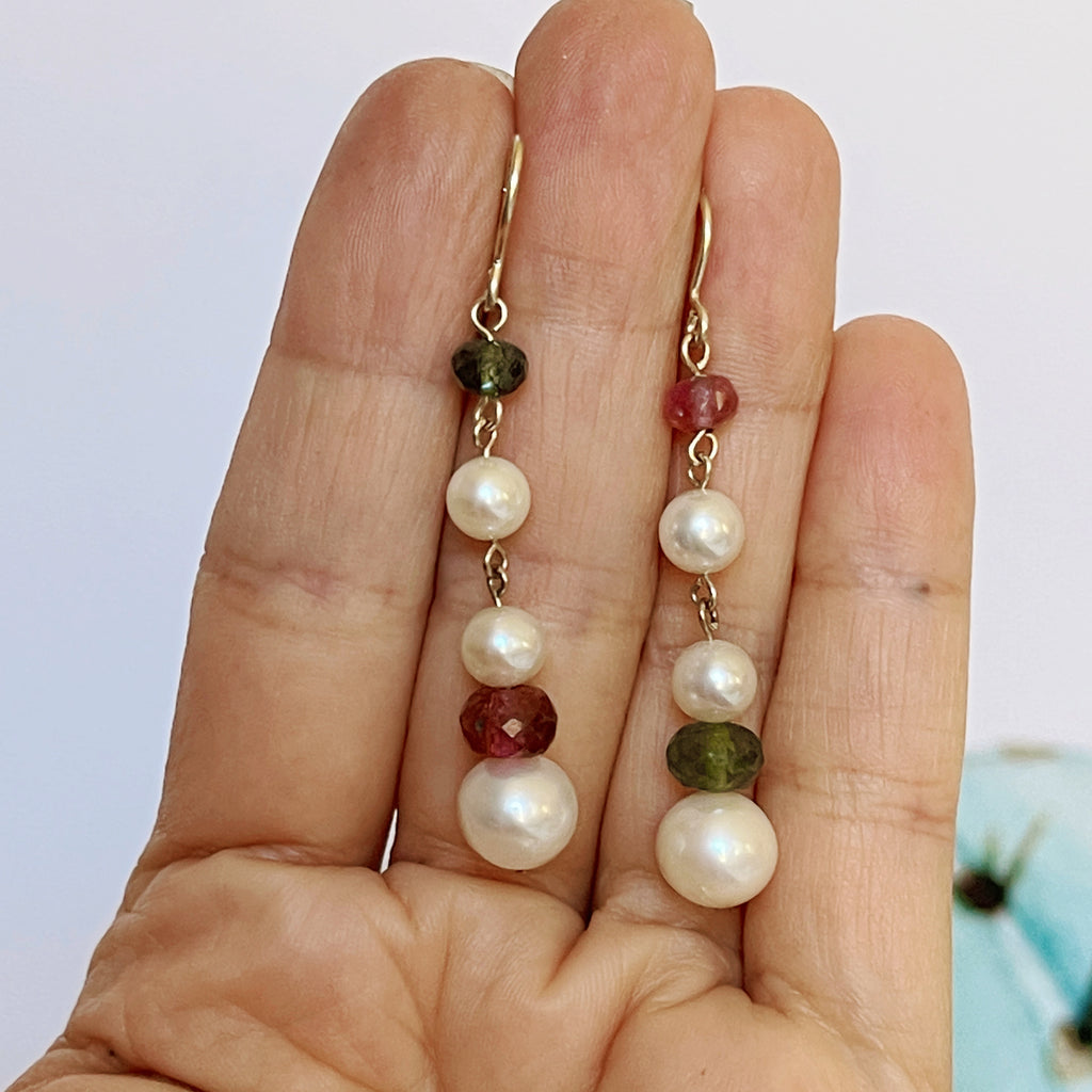 9ct Yellow Gold Tourmaline Freshwater Pearl drop earrings