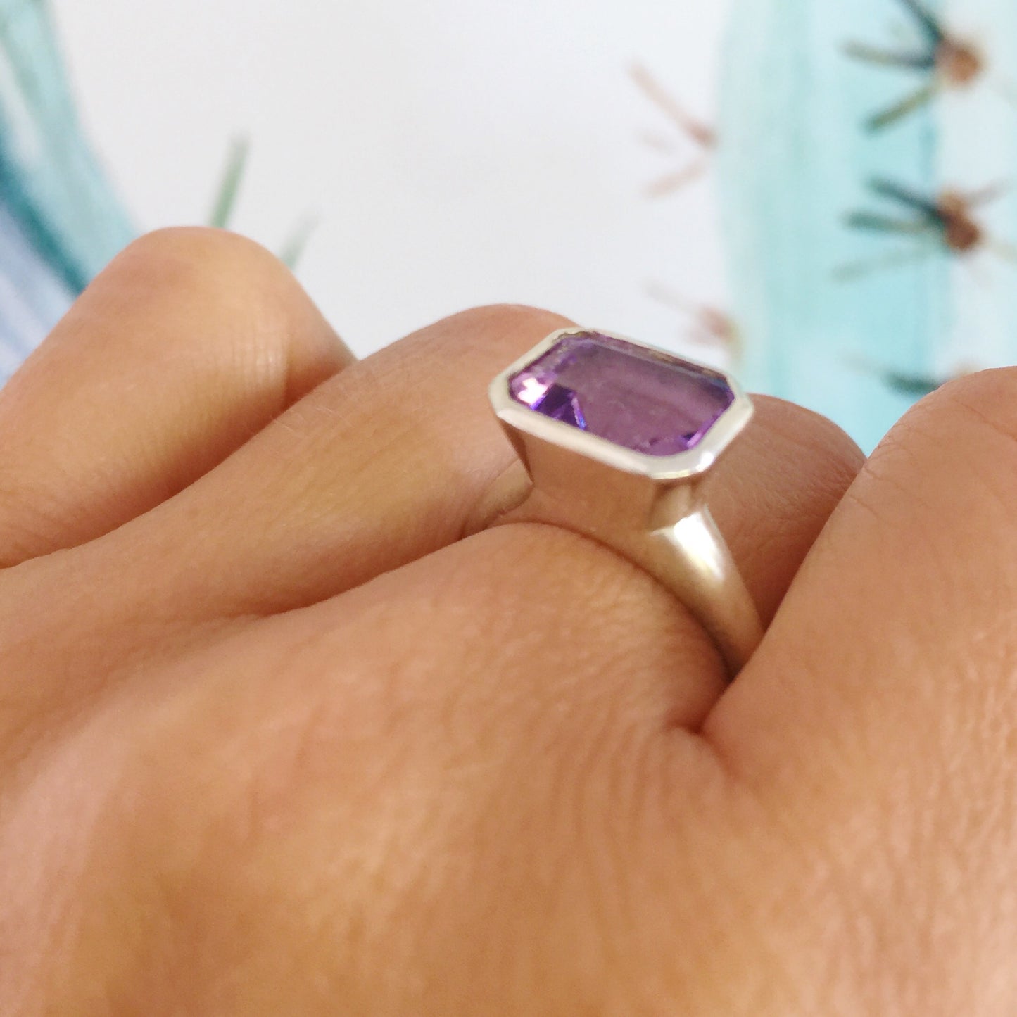 White Gold Blue Topaz Emerald Cut Simplicity Ring