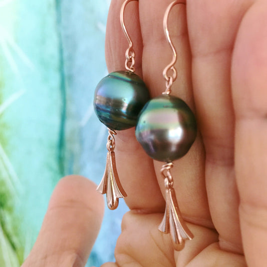 Rose Gold  Tahitian Pearl Fleur De Lis Earrings