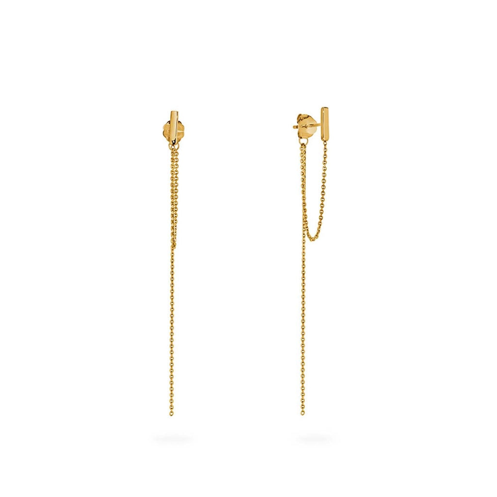 yellow gold bar chain drop stud earrings