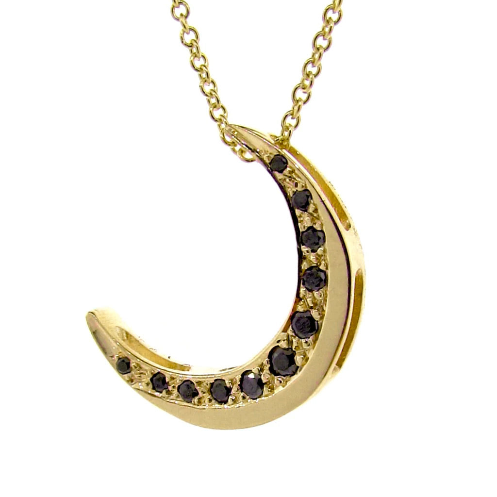 Yellow Gold Black Diamond Crescent Medium Moon Pendant