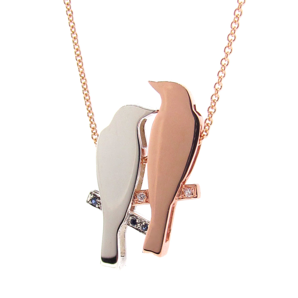 Rose Gold, diamond, Sapphire Silver '2 Finches' Necklace