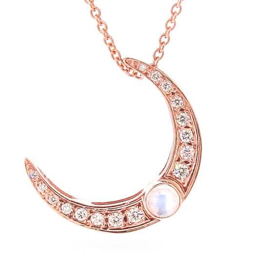 Rose Gold Diamond Moonstone large crescent Moon Pendant