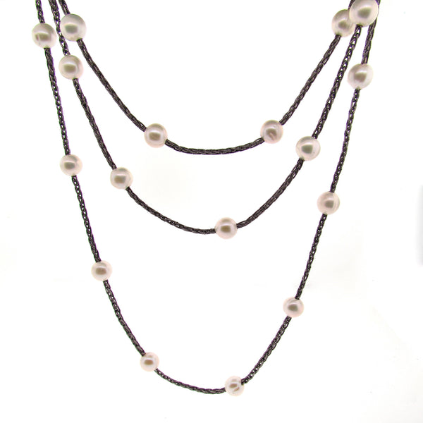 Woven Silk Freshwater Long Pearl Necklace