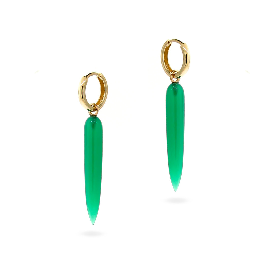 Yellow Gold Green Onyx long spike huggie drops