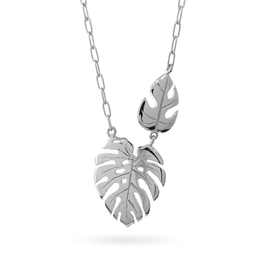 White Gold Large and Mini Monstera Leaf Necklace