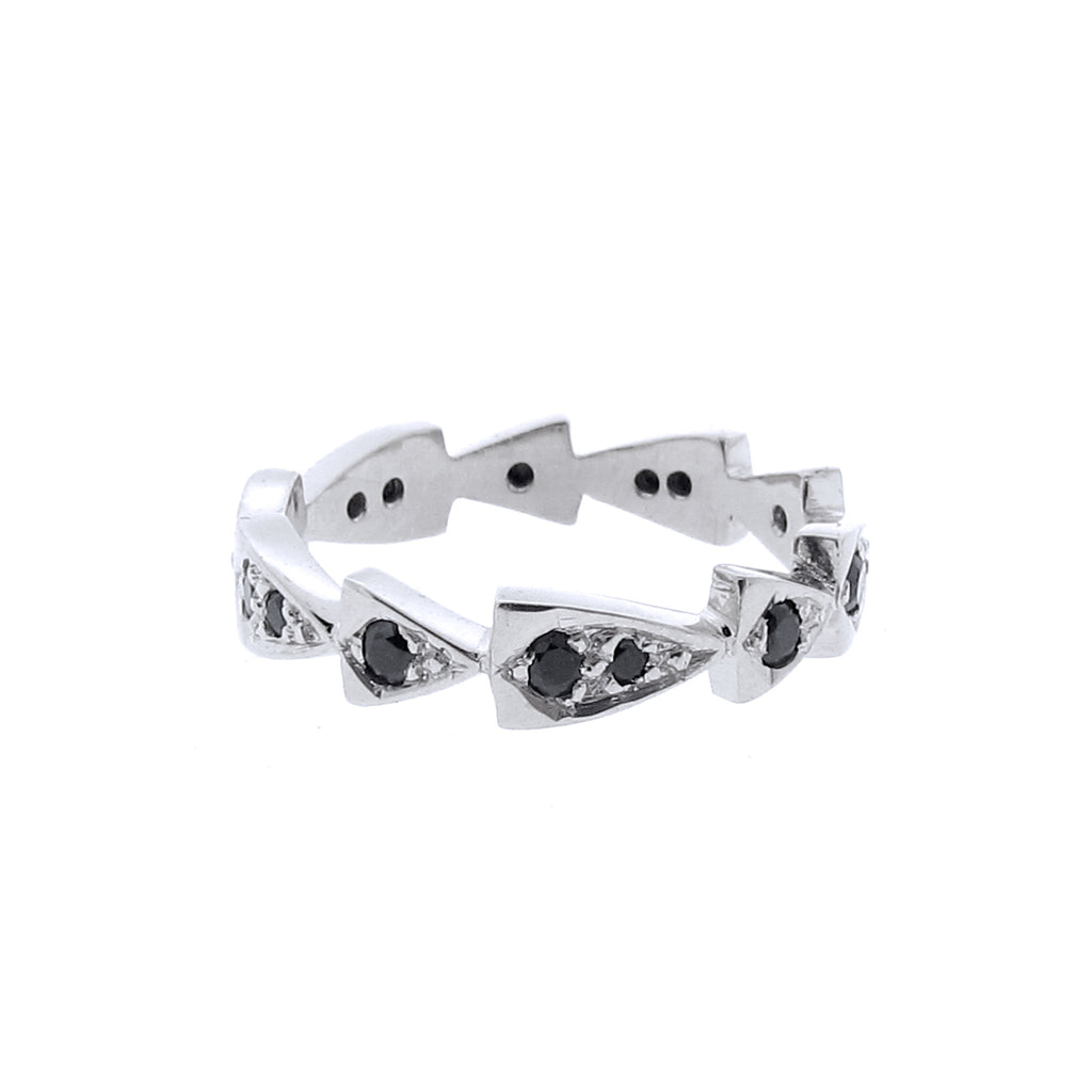 white gold black spinel chasing arrows stackable band