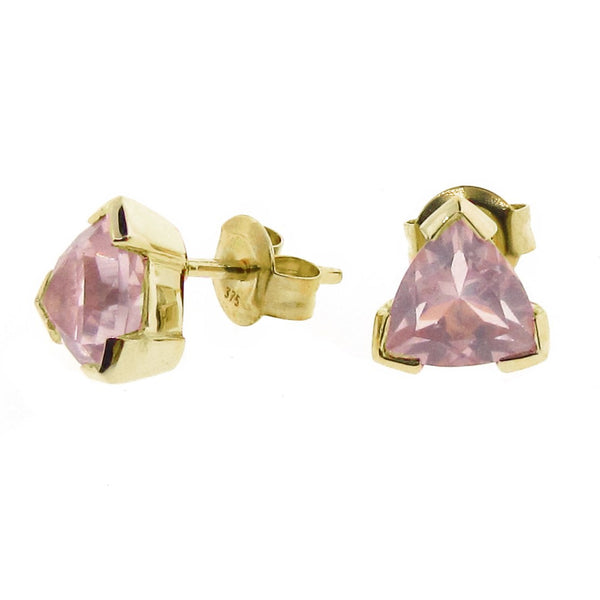 Yellow Gold Rose Quartz Trilliant Claw Stud Earrings