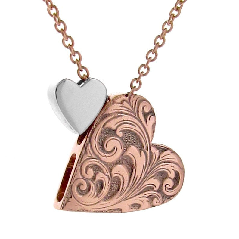 Rose Gold Silver Engraved large 2 hearts Necklace