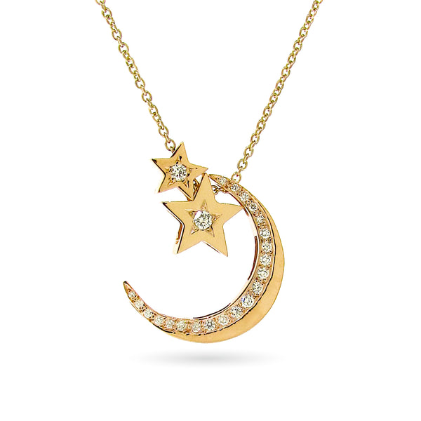 Large Yellow Gold Diamond Moon & 2 Stars Necklace