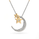 Large White and Yellow Gold Diamond Moon & 2 Stars Necklace