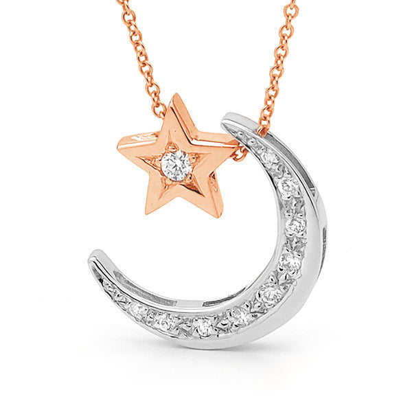 White and Rose Gold Diamond 'Moon' & Star' Necklace