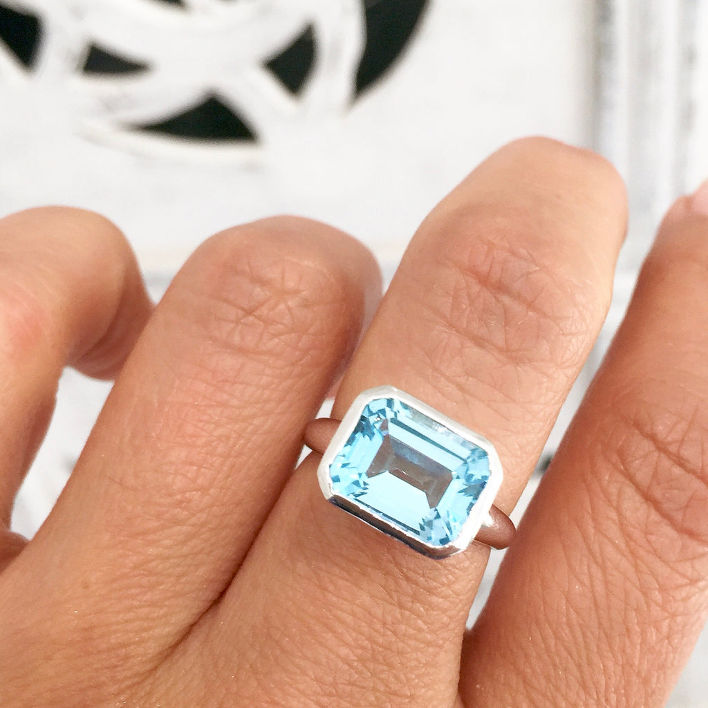 White Gold Blue Topaz Emerald Cut Simplicity Ring