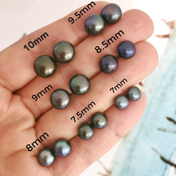 sterling silver Black freshwater pearl button studs- Various sizes