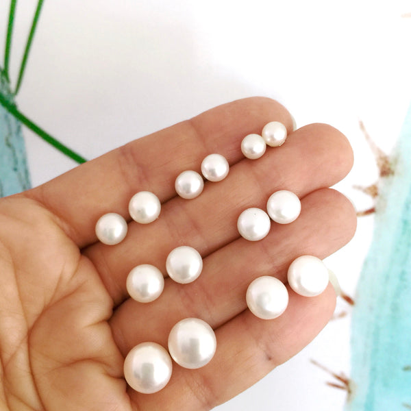 sterling silver White freshwater pearl button studs- Various sizes
