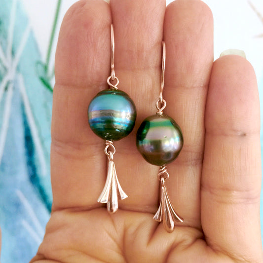Rose Gold  Tahitian Pearl Fleur De Lis Earrings