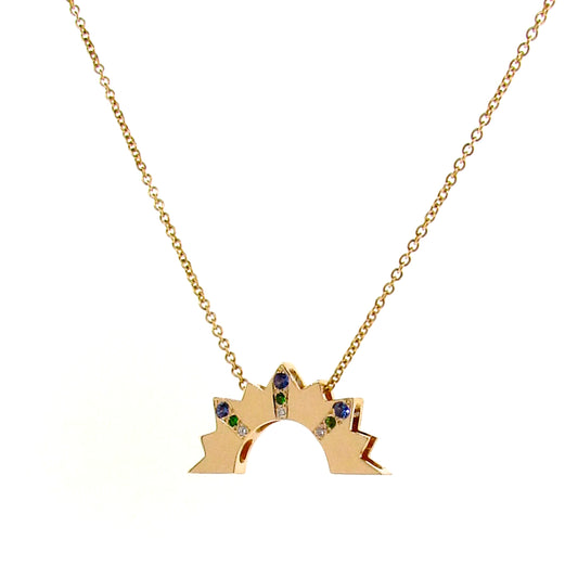 Yellow Gold Diamond, Sapphire, Tsavourite Garnet Setting Sun Pendant