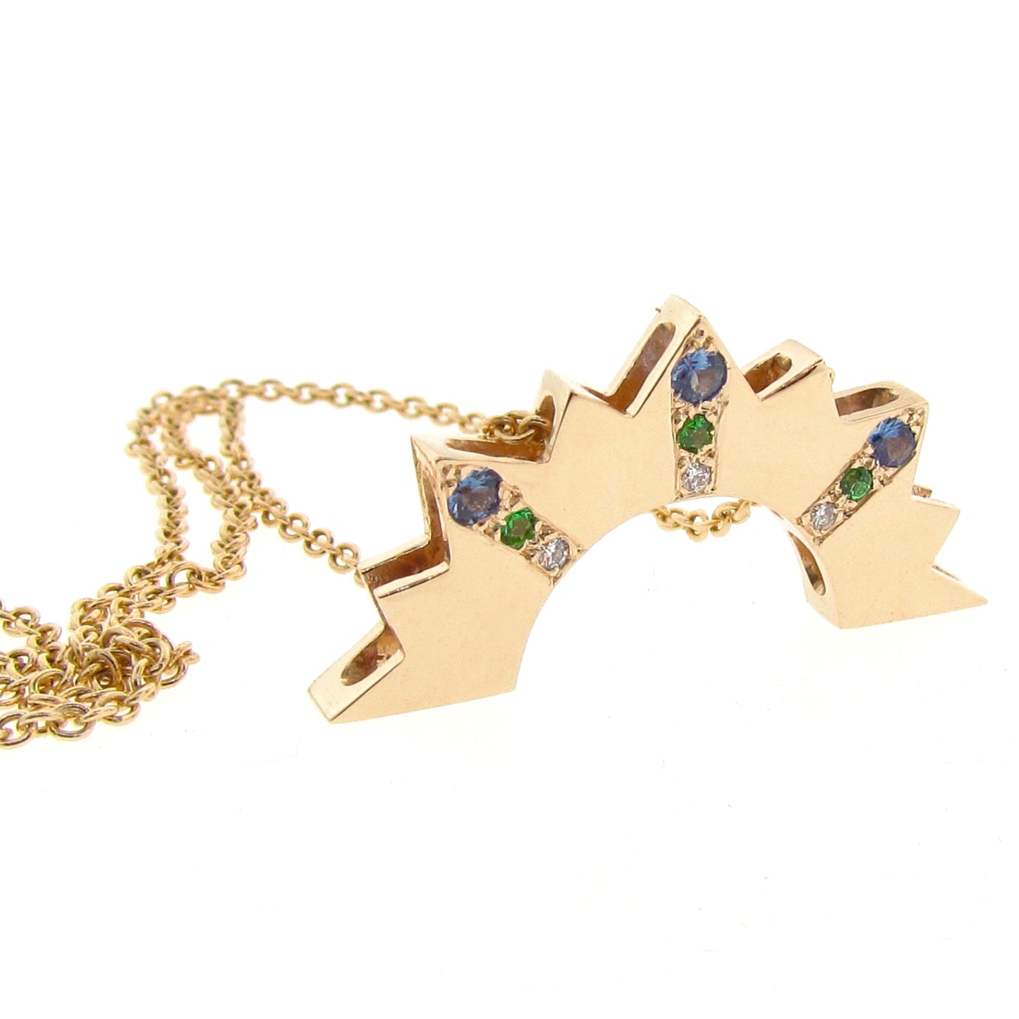 Yellow Gold Diamond, Sapphire, Tsavourite Garnet Setting Sun Pendant