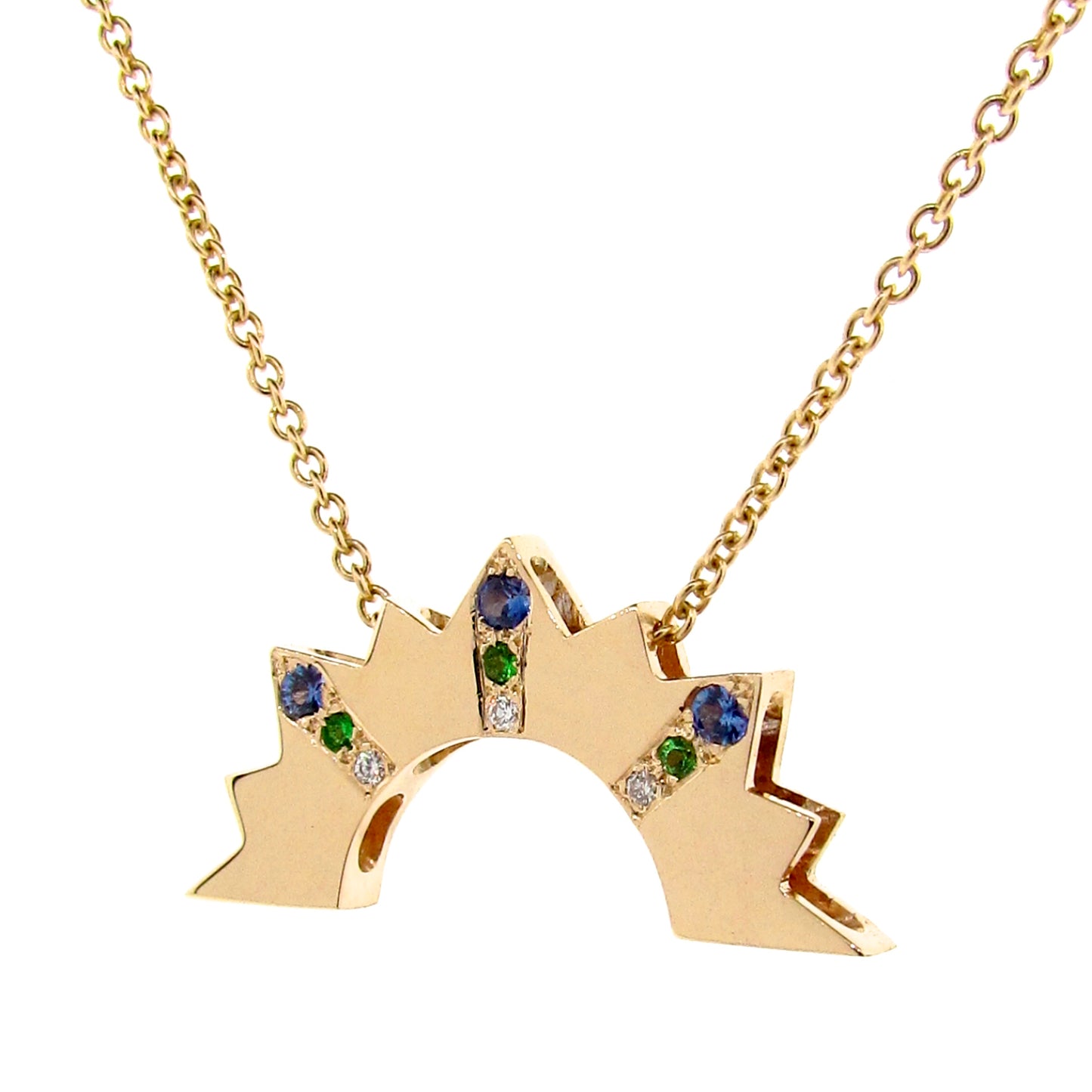 Yellow Gold Diamond, Sapphire, Tsavourite Garnet Setting Sun Pendant