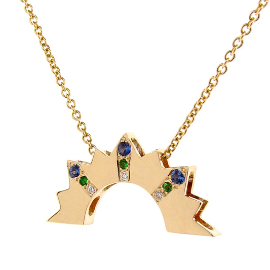 Yellow Gold Diamond, Sapphire, Tsavourite Garnet Setting Sun Pendant