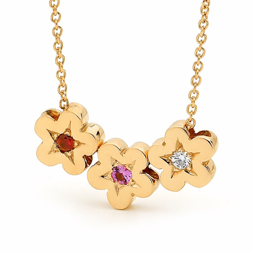 Yellow Gold Diamond Ruby and Pink Sapphire Blossoms necklace