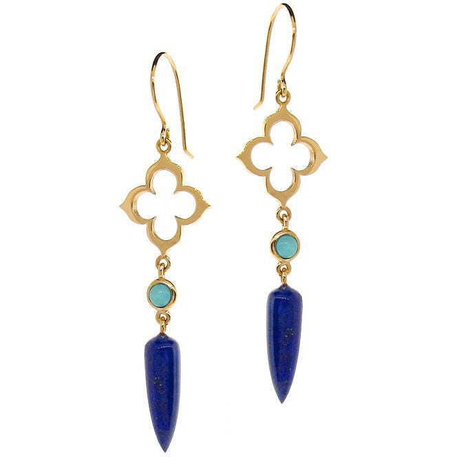 Yellow Gold Moroccan Clover Turquoise & Lapis Earrings
