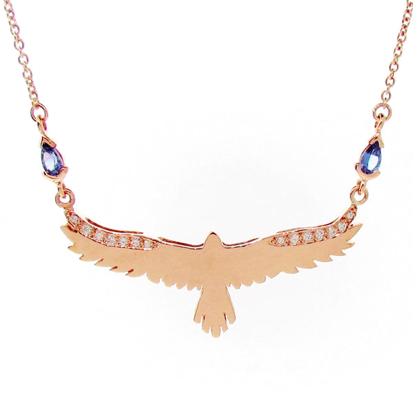 Rose Gold Tanzanite Diamond open-winged eagle necklace