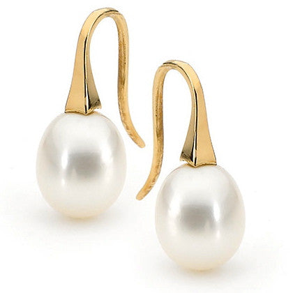 Yellow Gold Medium White Pearl Short Drop Earrings