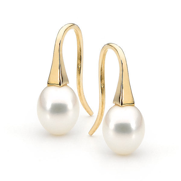 Yellow Gold Small White Pearl Short Drop Earrings
